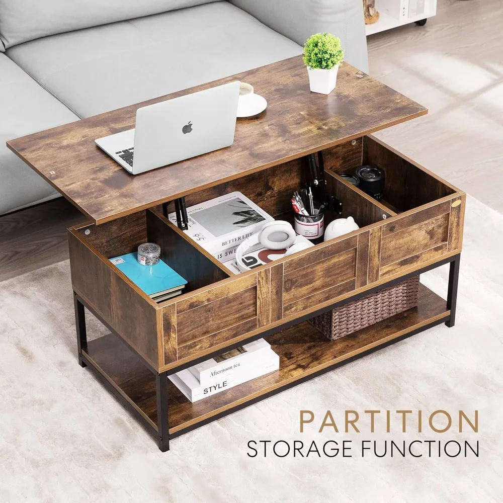 Lift Top Coffee Table with Steel Frame, Dining Table with Open Storage and Hidden Compartment, Suitable for Living Room