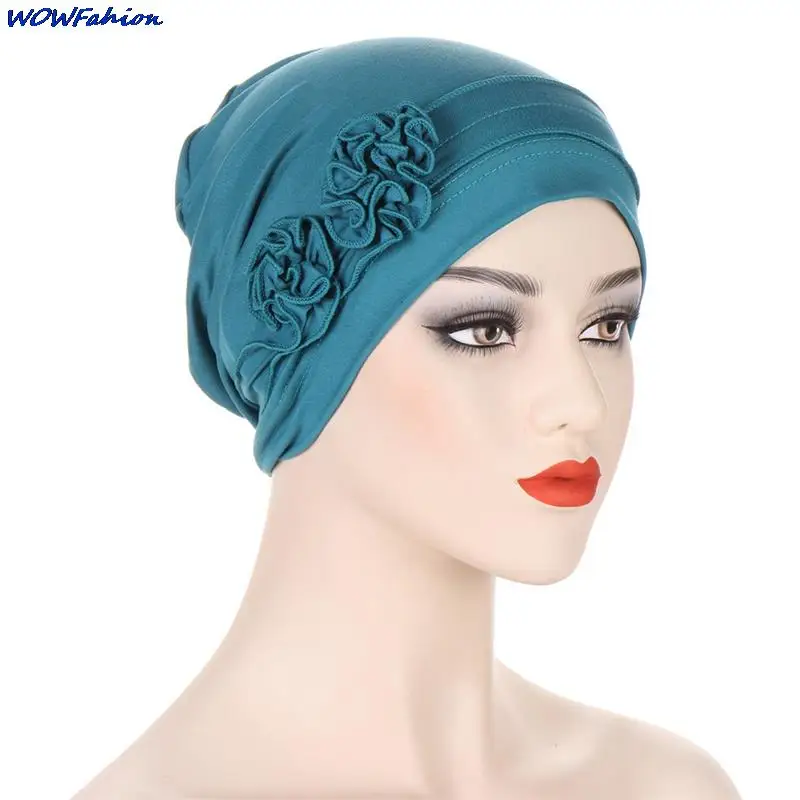 Women 2 Flower Turban Cap Beanies Muslim Hijab Soft Head Cover Ladies Solid Color India Cap Bandanas Hair Loss Cancer Chemo Cap