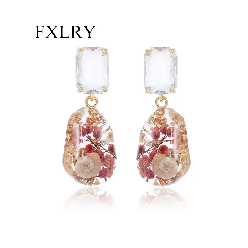 FXLRY Elegant Ss925 Silver Nneedle Resin Drop Glue Dried Flower Earrings For Women Wedding Bridal Party Jewelry