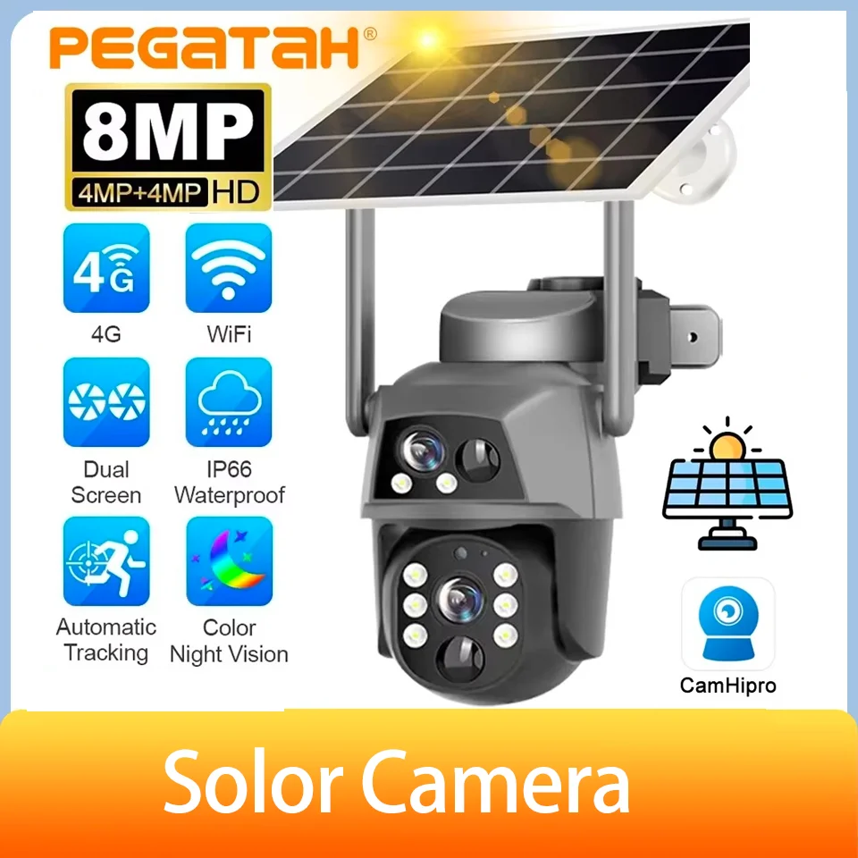 

8MP 4G Solar Security Camera|Dual PIR PTZ Auto Tracking|4K Dual Lens (2MP+2MP)|5.5W Solar+Battery|4 Mount Types|IP65 Waterproof