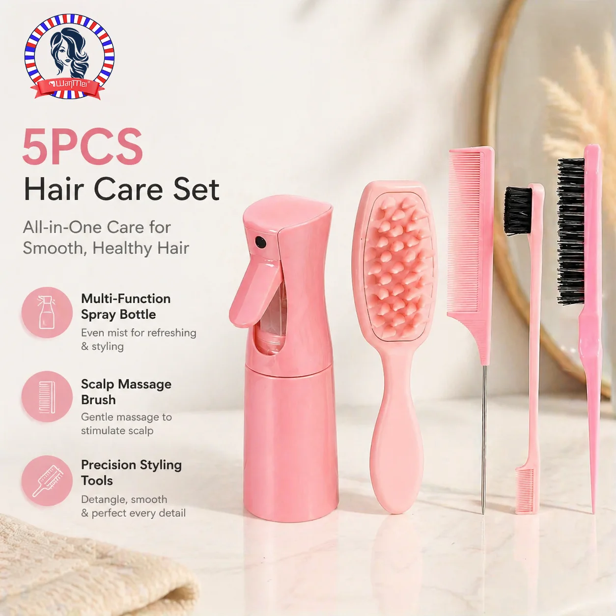 5Pcs Pink Hair Care Set, All-in-One Styling Kit with Spray Bottle, Massage Brush & Combs