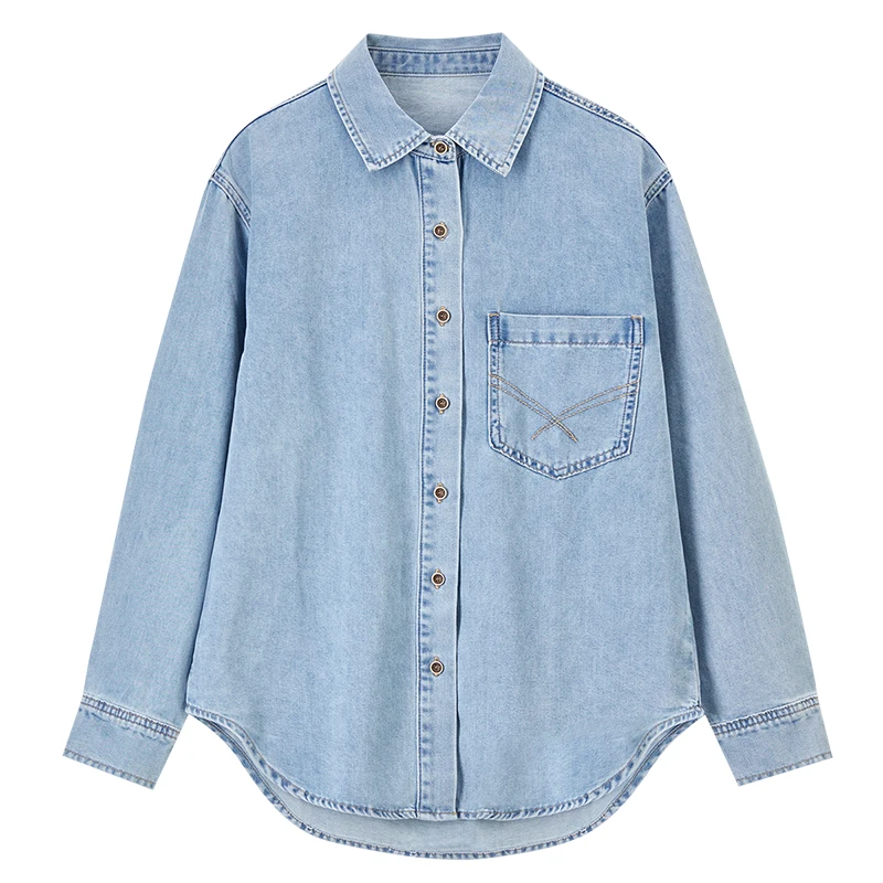 SENTUBILA Denim Jacket Casual Loose Fit Polo New in Jackets Women Vintage Autumn 2025 Pocket Long Sleeve Female Tops W51W58819