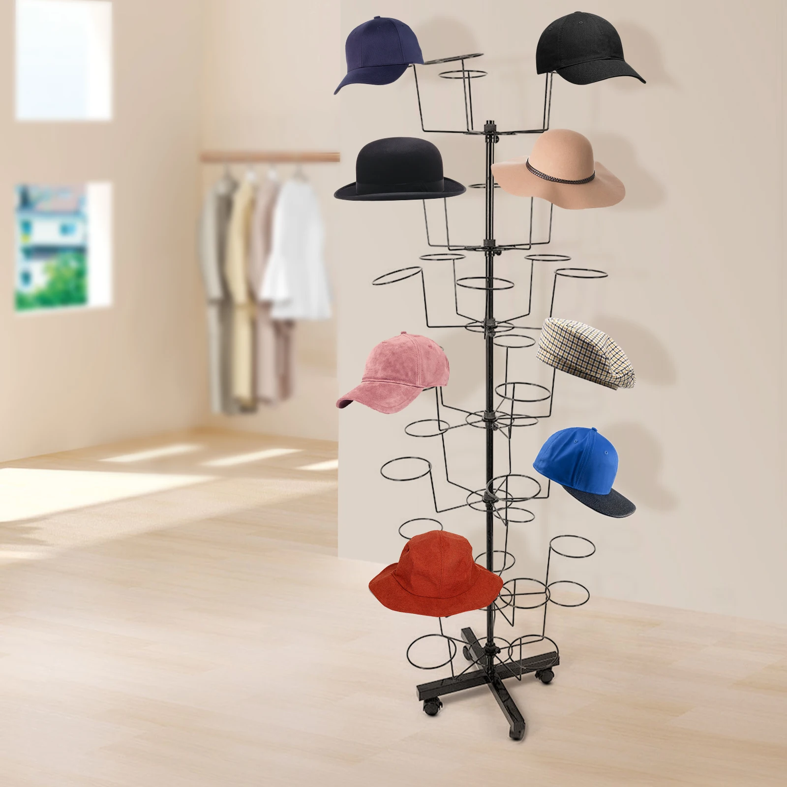 7 Tiers  Metal 35 Hats Hanger Rack Holder Black Iron Hat Display Stand Hat Storage Rack  Rotating Spinner Stand Floor