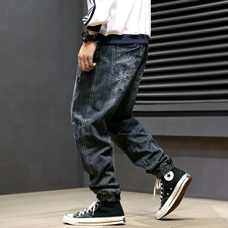 Street Fashion Men Jeans Retro Blue Printed Designer Big Pocket Casual Cargo Pants Hombre Hip Hop Joggers Men Loose Ripped Jeans