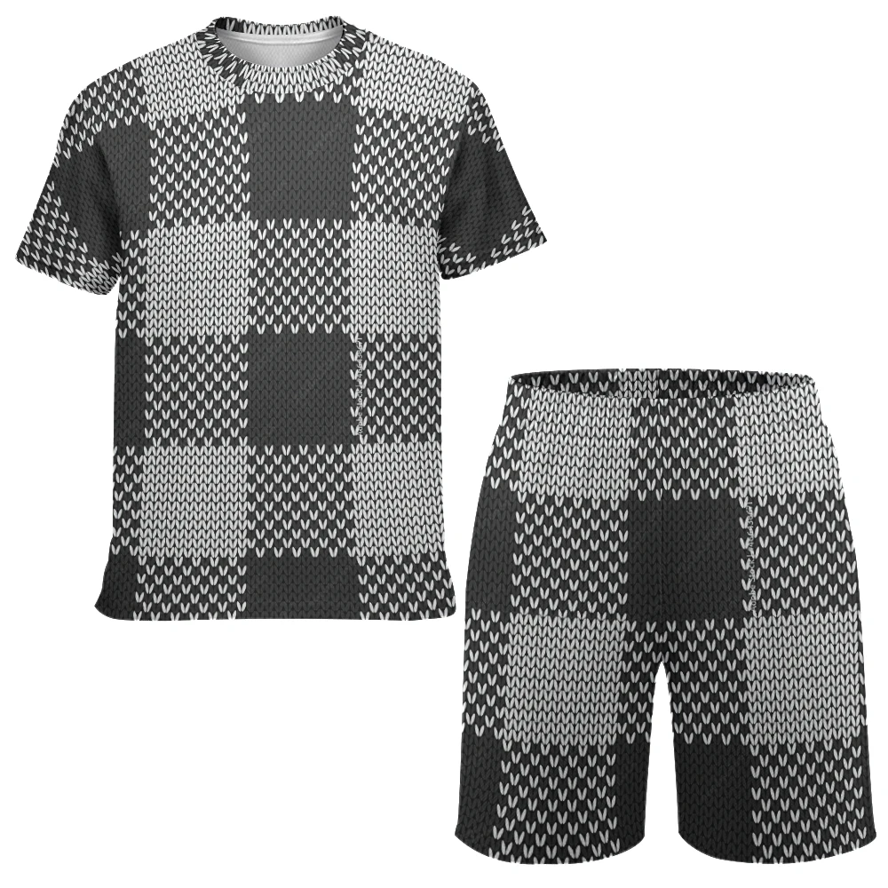 Men\'s Fashionable Black And White Checkerboard T-shirt Shorts Suit, Summer Casual Breathable Round Neck Polyester Oversized Suit