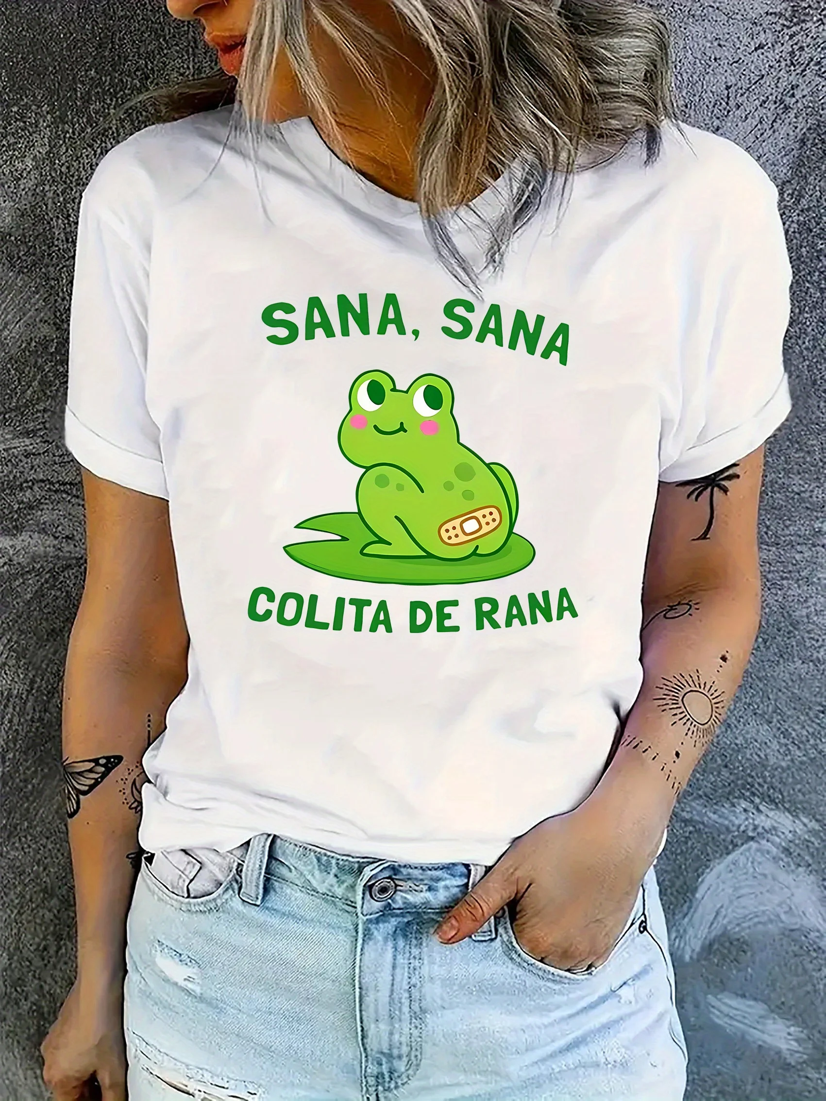 Camiseta informal de cuello redondo para mujer con estampado de rana de dibujos animados y letras estilo Harajuku "Sana Sana Colita De Rana" de manga corta