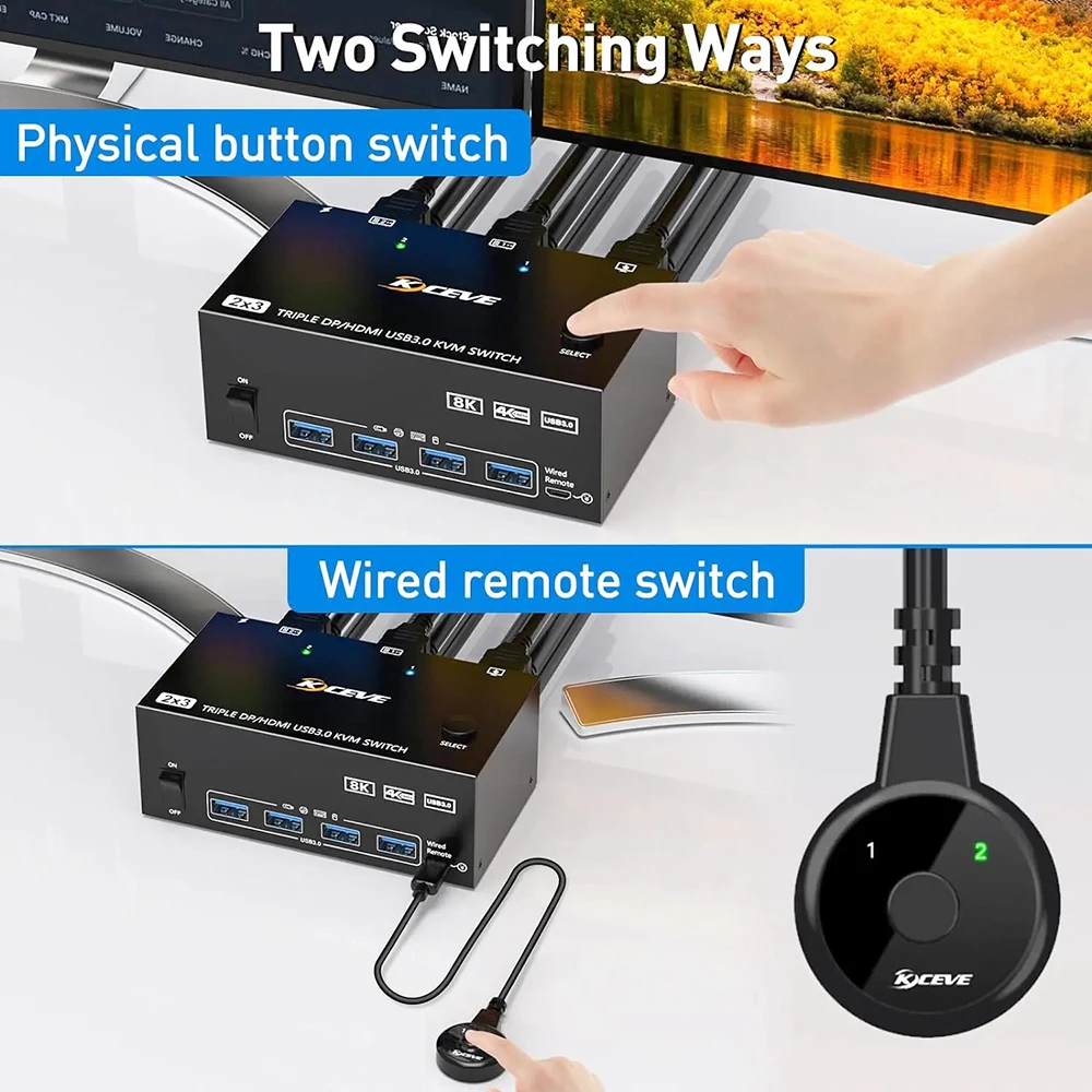 Triple Monitors KVM Switch 2 Displayport + HD-MI USB 3.0 KVM Switch 8K@60Hz,4K@144Hz,Apply to 3 Monitors 2 Computers KVM Switch