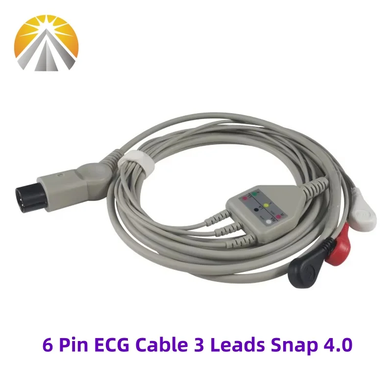 AAMI 6 Pin 3 Leads ECG Cable One Piece Snap 4.0 AHA Standard for Multi Brand Patient Monitor Mindray Carewell Edan Biolight CSI