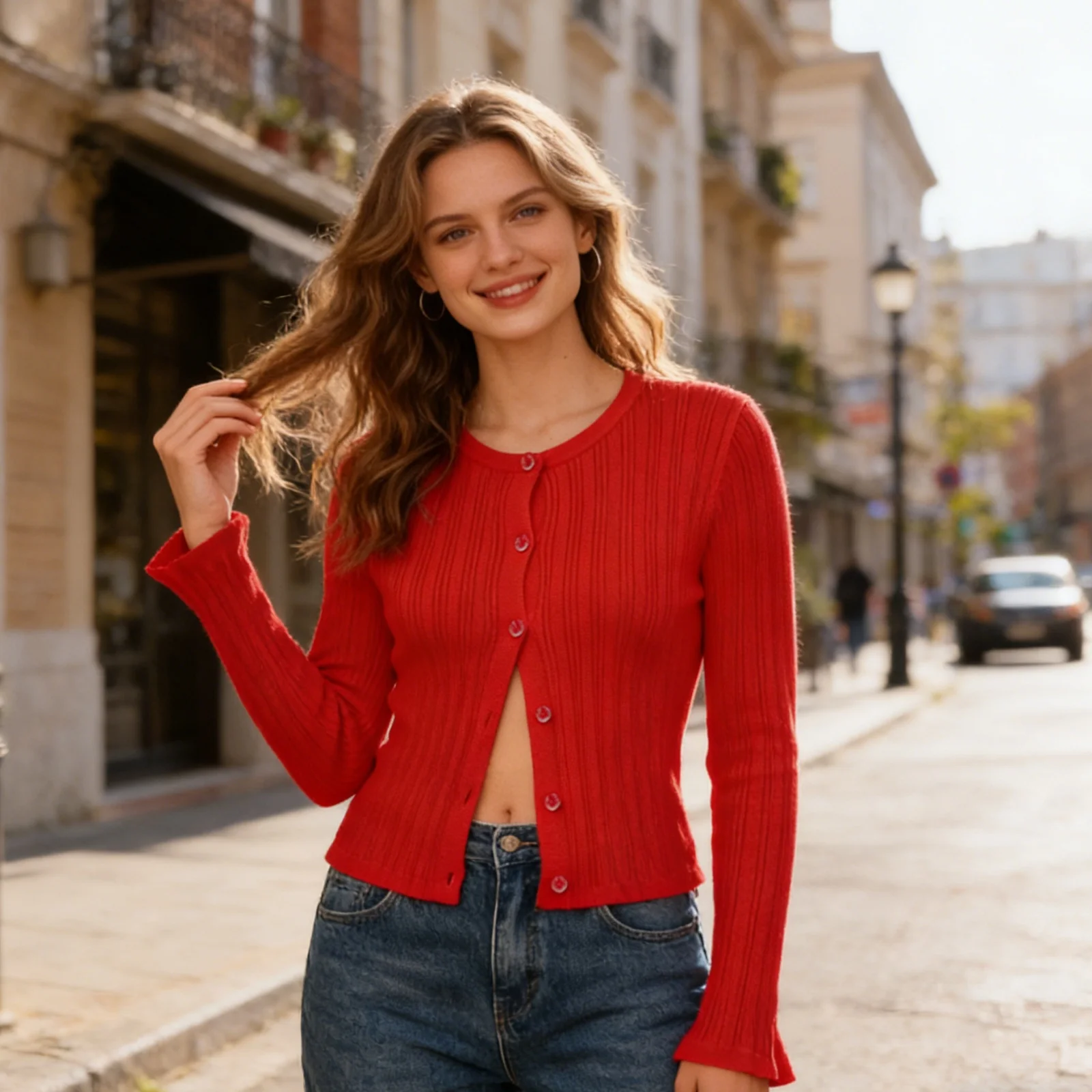 

Women's Spring Fall Solid Color Button Down Ribbed Cardigan Slim Fit Sweater Long Sleeve Cropped Knit Jacket Streetwear