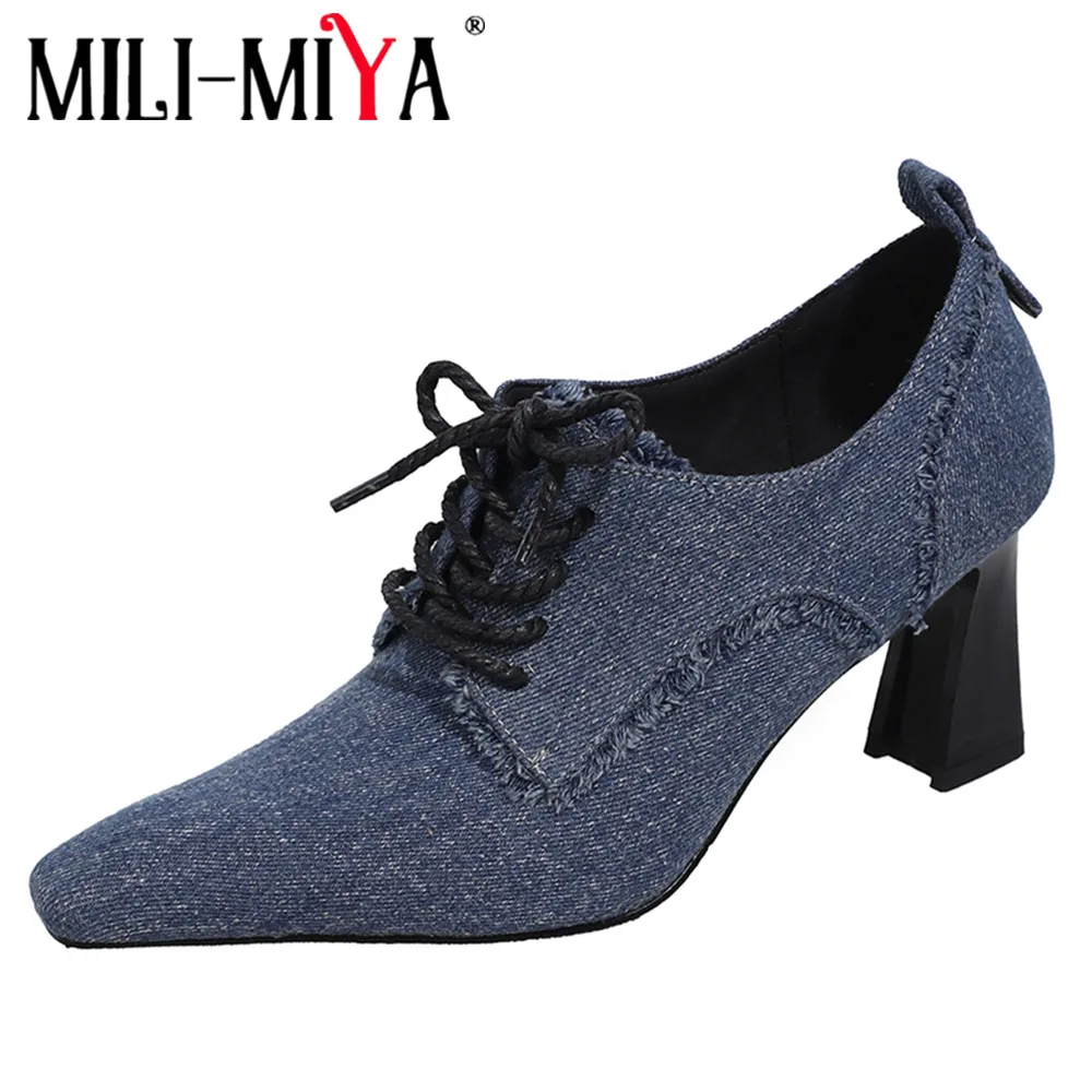 MILI-MIYA mode pointu Parker femmes denim pompes à lacets optique talons grande taille 34-40 solide document décontracté chaussures de rue pour dames