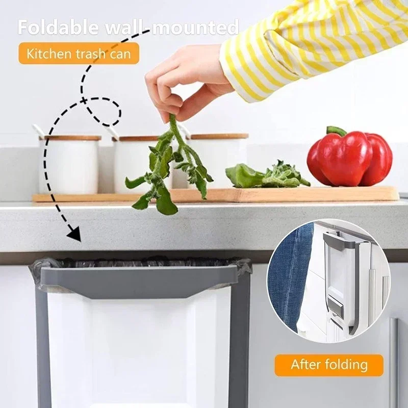 Hanging Kitchen Trash Can with Lid, Wall Mounted, Foldable Dustbin for Door, Bathroom Garbage Bin, Counter Bins, 10L