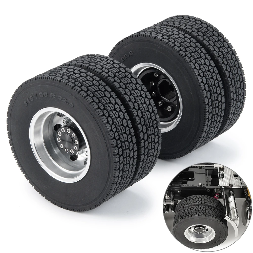 TRINOOD 4PCS Tamiya Rear Wheel Rim Hub and Rubber Tires Kit for 1/14th RC Car Tractor Truck Trailer Cargo Truck Wheels Parts