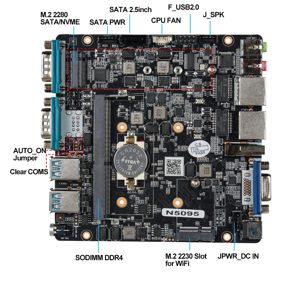Lüfterloser Mini-Industrie-PC Intel Celeron N5095 N5105 2x RS232 serielle Ports 2x Gigabit Ethernet Mini-PCIe-Erweiterung Windows Linux