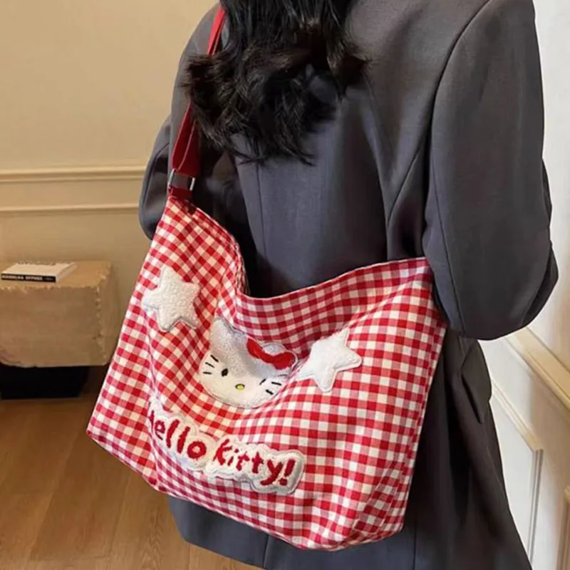 

Fashion Cute Cartoon Checkered Shoulder Bag Student Large Capacity Diagonal Canvas Bag Women'S Tote Bag