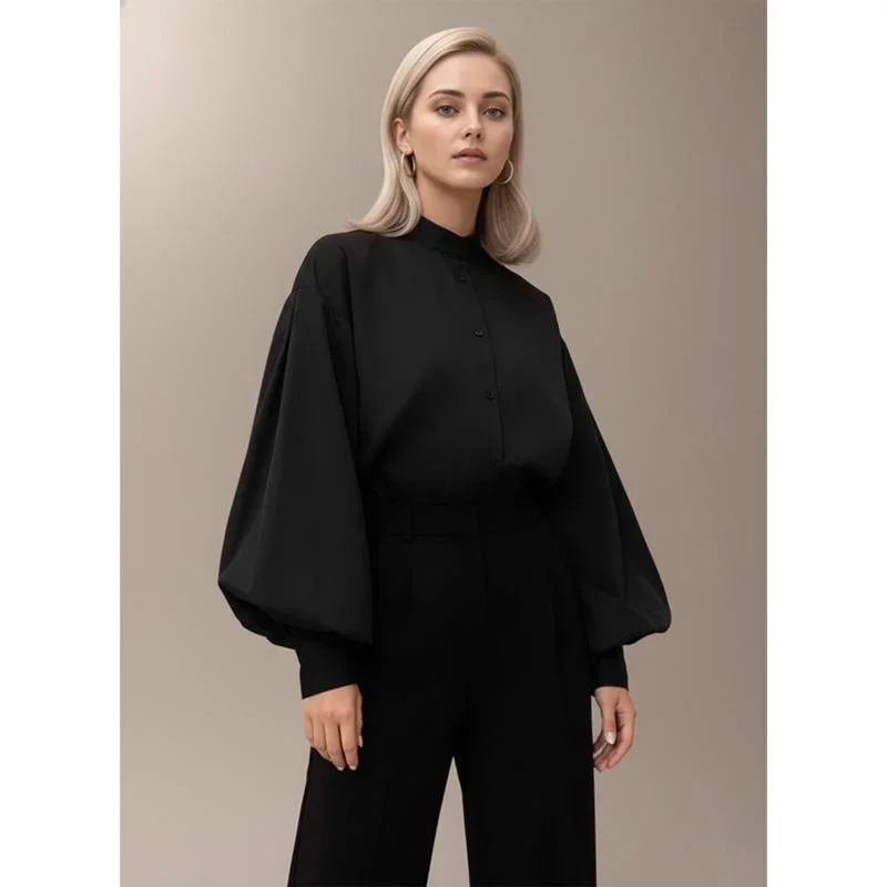 

Elegant Women's White Blouse Loose Lantern Sleeve Office Shirt Breathable Fabric Casual Work Daily Wear Modern Minimalist Style