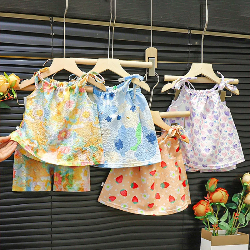 

2pcs Set Kids Girls Clothes Summer Oil Painting Style Thin Loose Baby Girl Camisole Shorts Beach Suit Suspender Skirt For Girl
