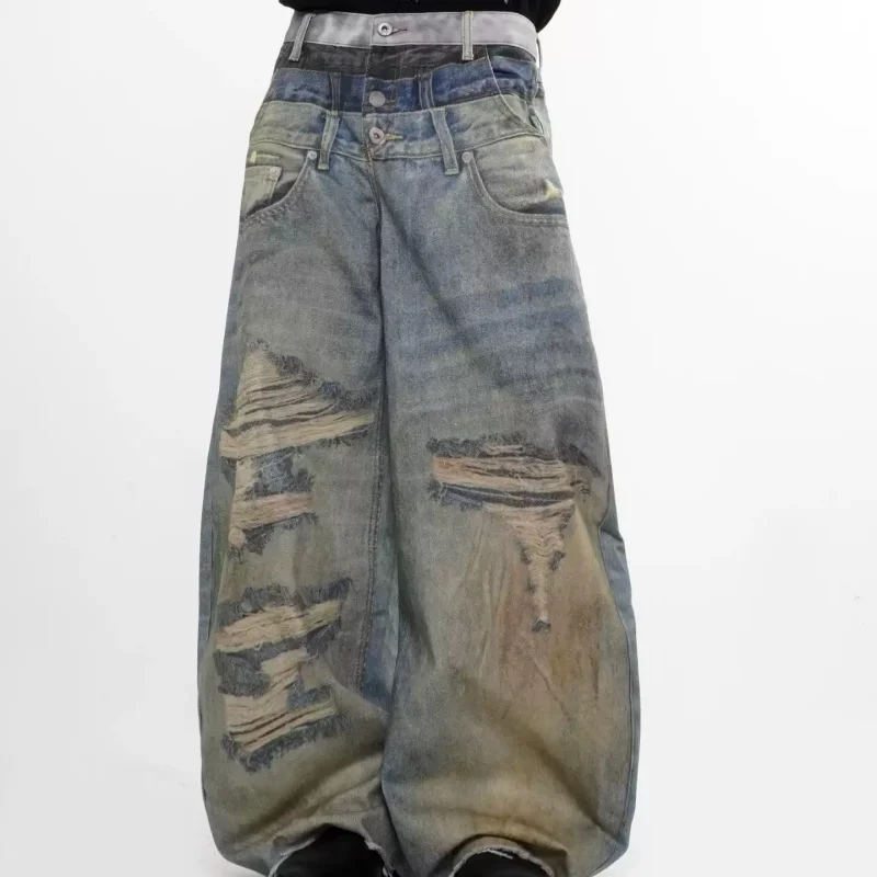 

American Style 3D Printing Waist High Quality Gradual Change Jeans Unisex Broken Hole Washing Wide Leg Bend Knife Pants