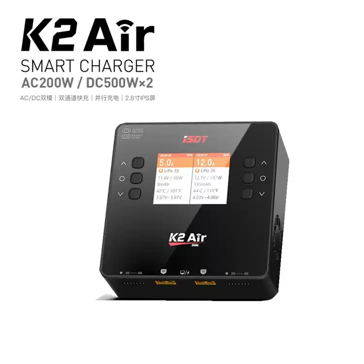 ISDT K2Air Smart AC/DC Dual Channel Charger 2×500W DC 200W AC 2.8‑Inch IPS Screen RC Lipo Battery Charger Optional EU US UK Plug