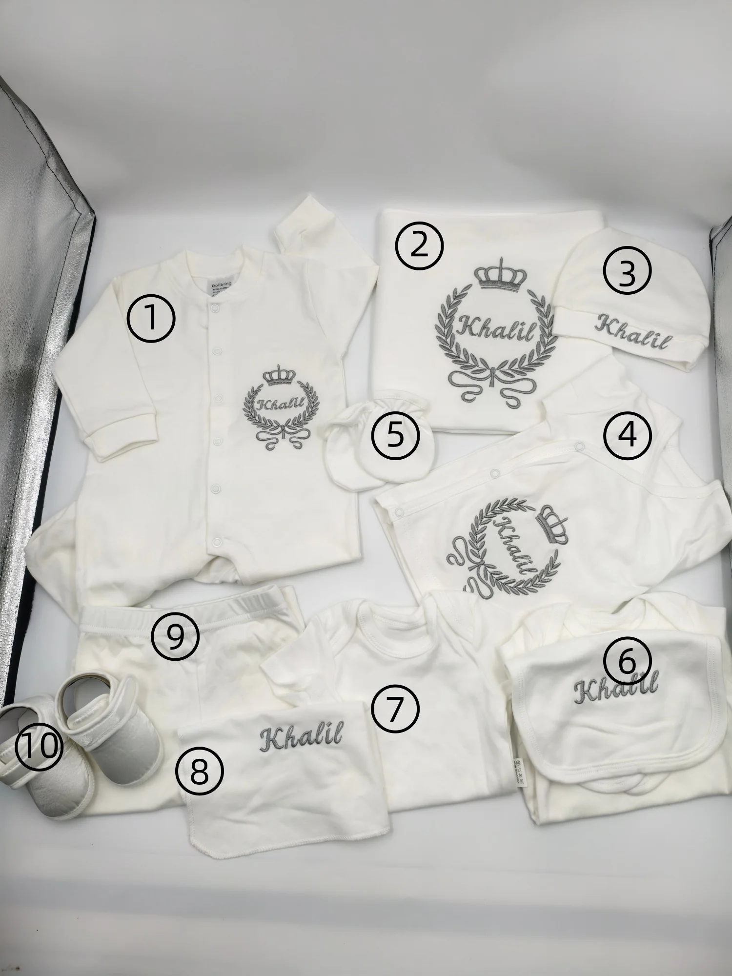 Newborn 10Pcs Set Silver Embroidered Crown Footed Romper Cotton Onesies for Baby Cute Shower Gift Home Outfit