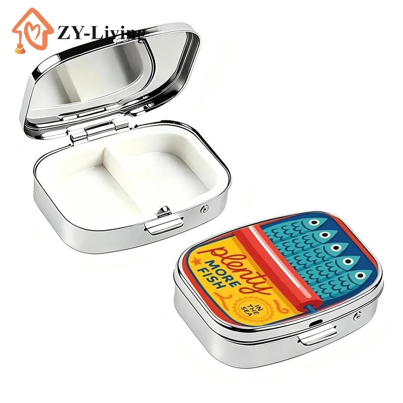 1Pcs 2-Compartment Retro Sardine Print Pill Box Metal Mini Organizer For Women Travel Jewelry Medicine Candy Storage