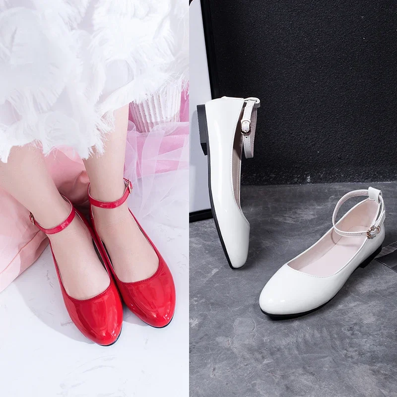 Big Size Spring Women Flat Red Pink Patent Leather Round Toe Low Square Heel Ballet Casual Party Office Ladies Ankle Strap Shoes