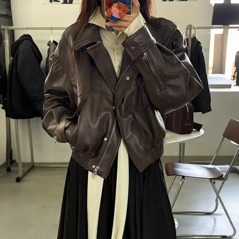 

Женская байкерская куртка, приталенная до талии куртка с высоким воротником, куртка из экокожи, осень/зима, новое поступление, 2025, Y2K