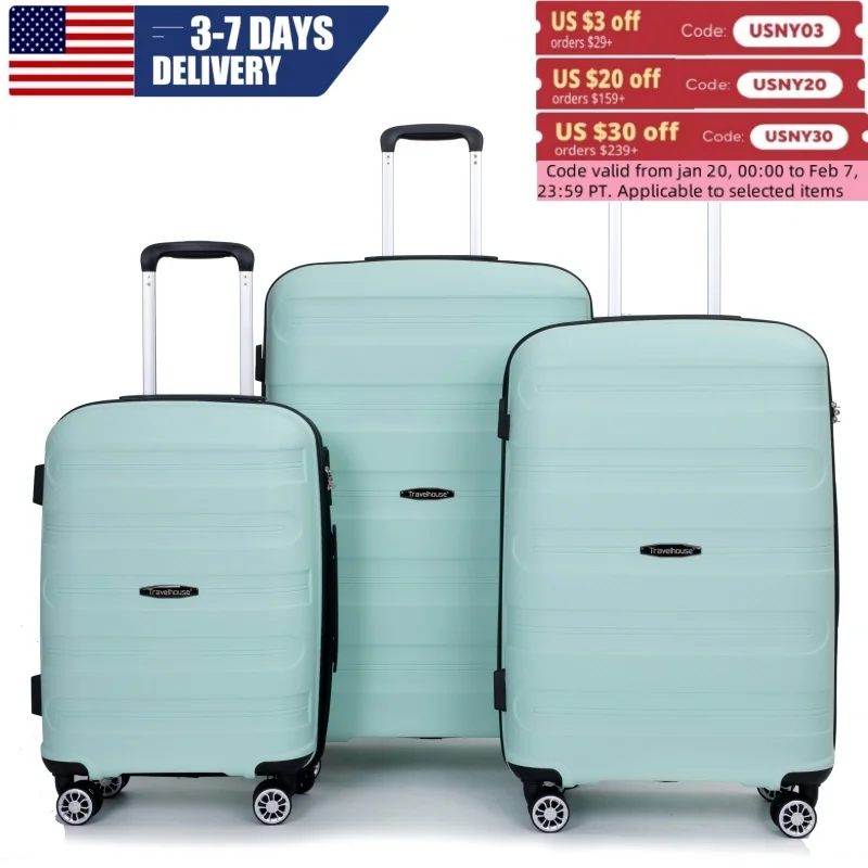 Travelhouse hardshell 3 Piece Set, PP Hard Wheel Suitcase Set with Spinner Wheels, TSA Lock, 20“24”28“