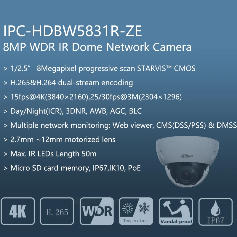 Dahua 8MP Dome Camera 2.7~12mm Motorized Lens 4K Outdoor Face Detection Camera Night Vision 50m IP67 IK10 ePOE IPC HDBW5831R-ZE