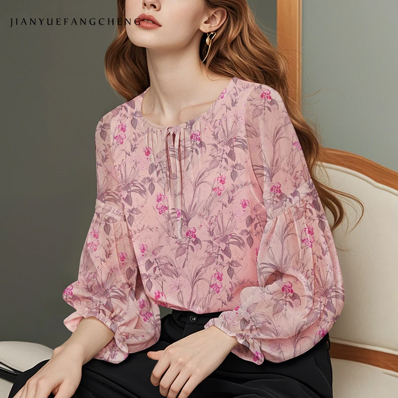 

Модная розовая шифоновая блузка с рукавами-фонариками и цветочным принтом, женские весенне-летние топы, свободные повседневные пуловеры с круглым вырезом, рубашка