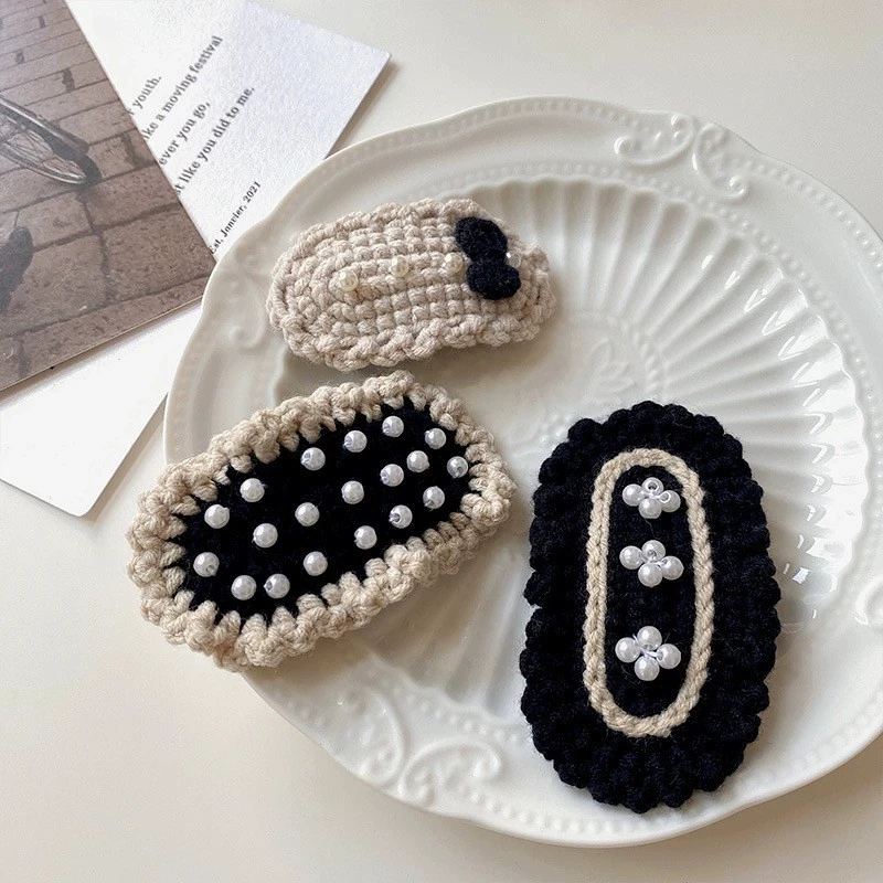 

3pc Knit Bow Pearl Hair Clip for Girls Black Crochet Hairpin Child Hair Accessories Crochet Hairpins BB Clips Pearl Fringe Clip