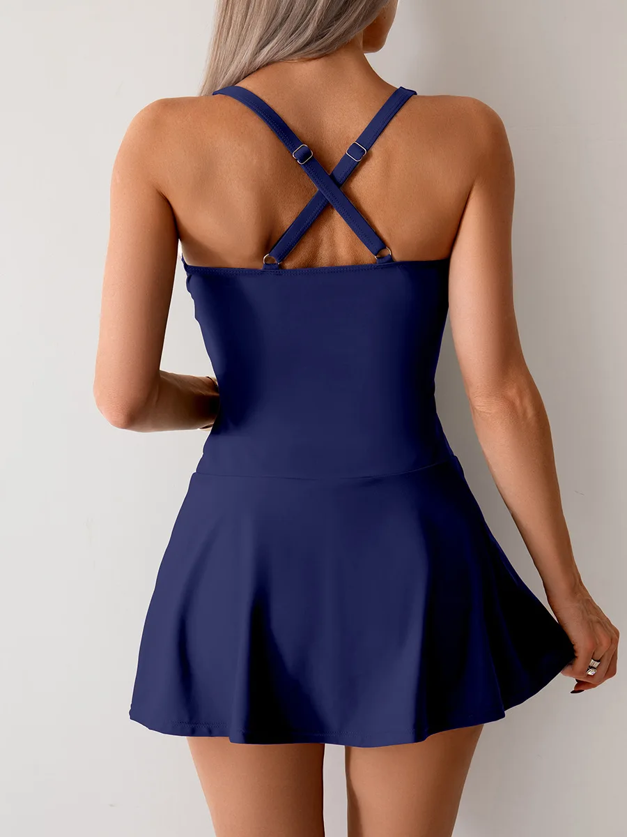 Women's Skirted Two Piece Swimsuit High Waisted Swimwear Shorts Soft Padded Top Backless Bathing Suit for Swimming Vacation
