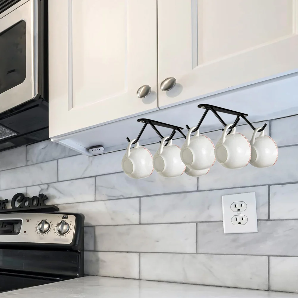 

2pcs Iron Under Cabinet Mug Rack Coffee Mug Holder Kitchen Storage Drying Bracket Household Space-Saving Hanger