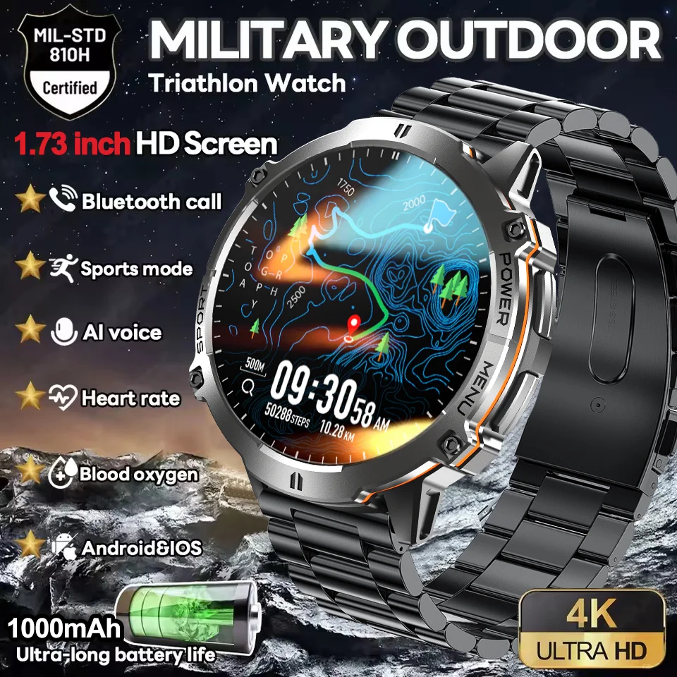 

Мужские умные часы в стиле милитари с GPS, AMOLED HD-экран, аккумулятор 1000 мАч, 5 АТМ, водонепроницаемые, 170 + спортивный режим, пульсометр, BT, умные часы с вызовом