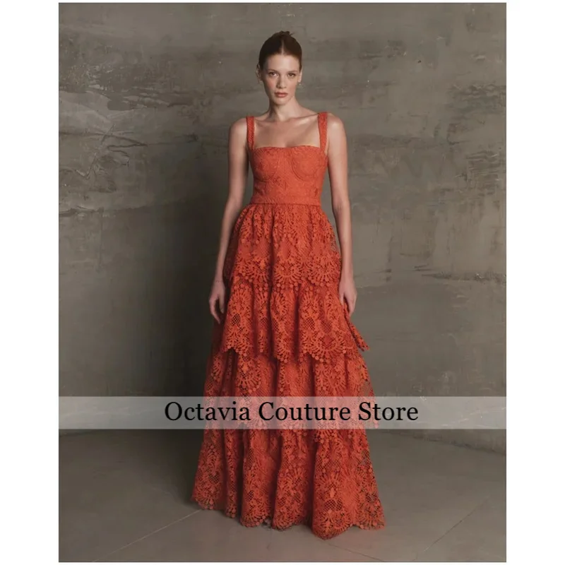 

Customized Orange A-Line Cascading Ruffle Prom Dresses Square Collar Cut-out vestidos de noiva Sleeveless Evening Dress