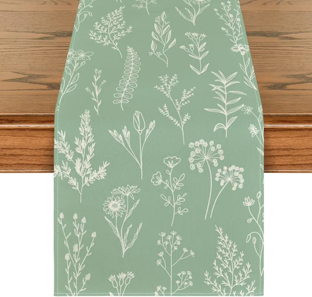 Sage Green Leaves Flowers Linen Table Runners Wedding Decoration Reusable Kitchen Dining Table Runners Coffee Party Decorations