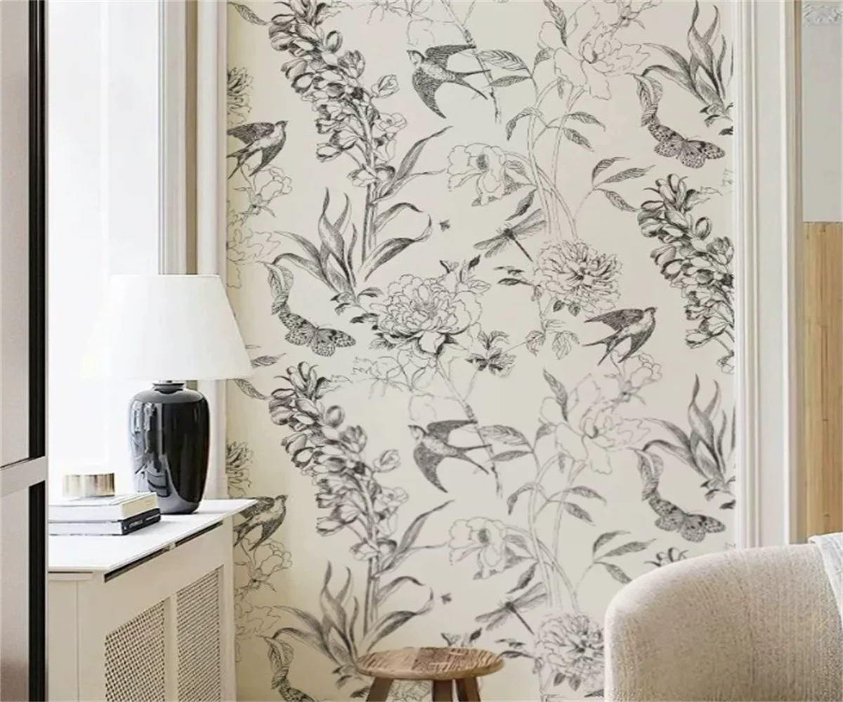 

Customized Size Mural French Retro Swallow Wallpaper Sketch Grey White Wallpaper Bedroom Cartoon Corridor Decoration Painting