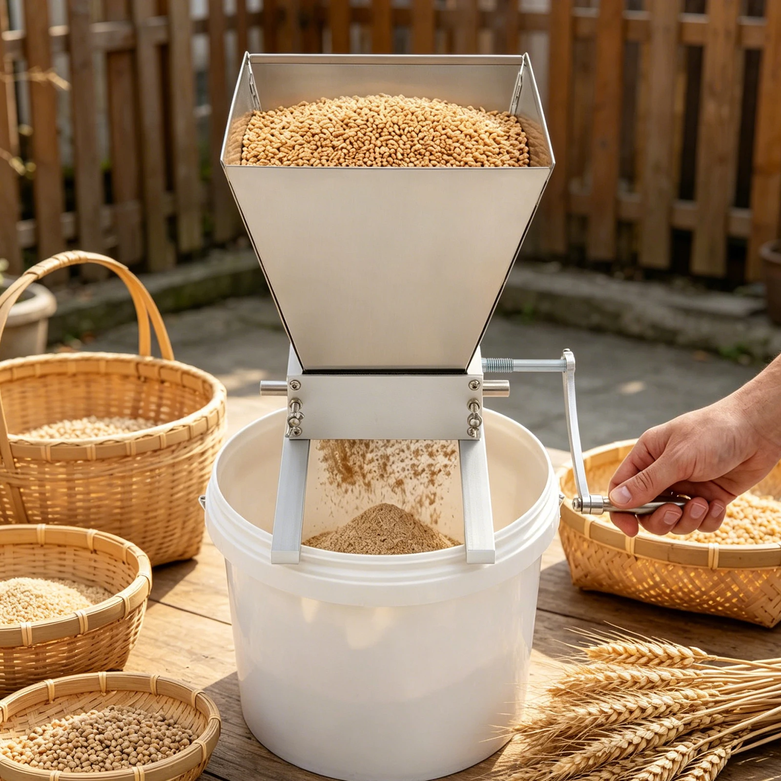 Manual Grain Mill Grinder Silver Stainless Steel 4L Hopper Adjustable Roller Gap Complete Fittings for Barley Wheat Home Beer Brewing