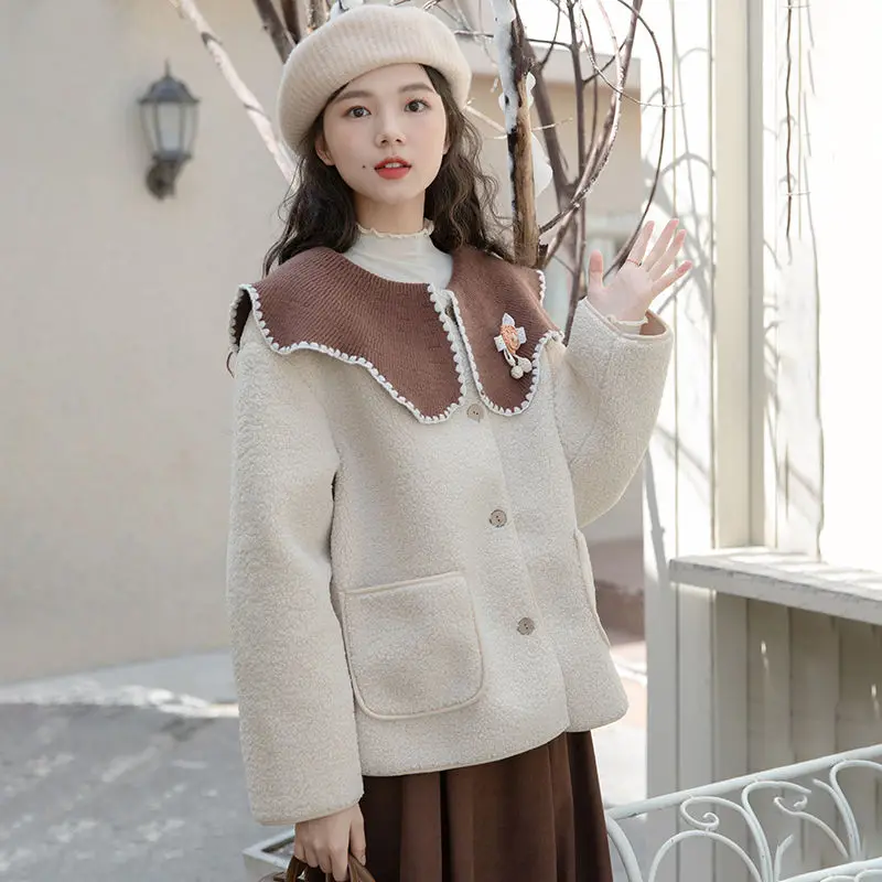 Coat Doll Collar Lamb Plush Patchwork Japanese Style Retro Small Fragrance Style Women Autumn And Winter Loose Korean Style Top