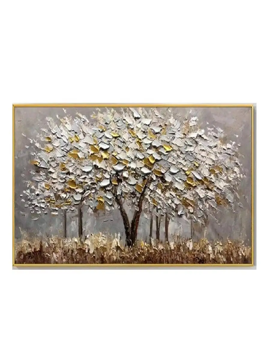 Autumn Birch Forest HandPainted Canvas Art  Yellow Landscape Oil Painting for Home Wall Decor