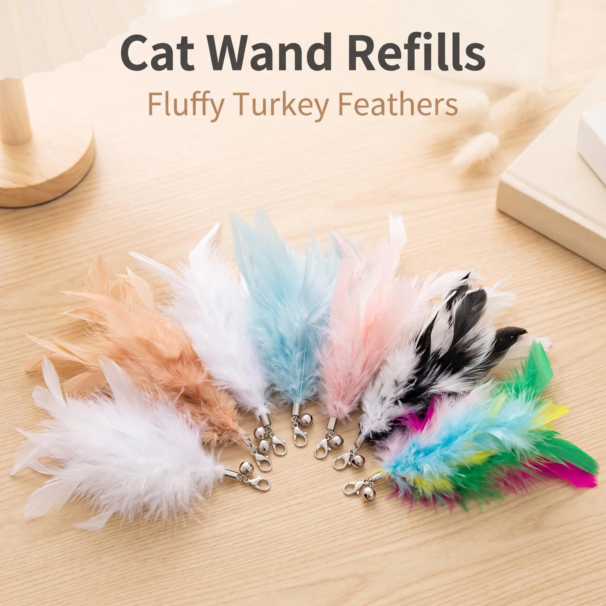 Cat Toy Feather Replacement Head Turkey Feather Bell Teaser Refill Interactive Pet Toy Attachment for Cat Wand Accessories
