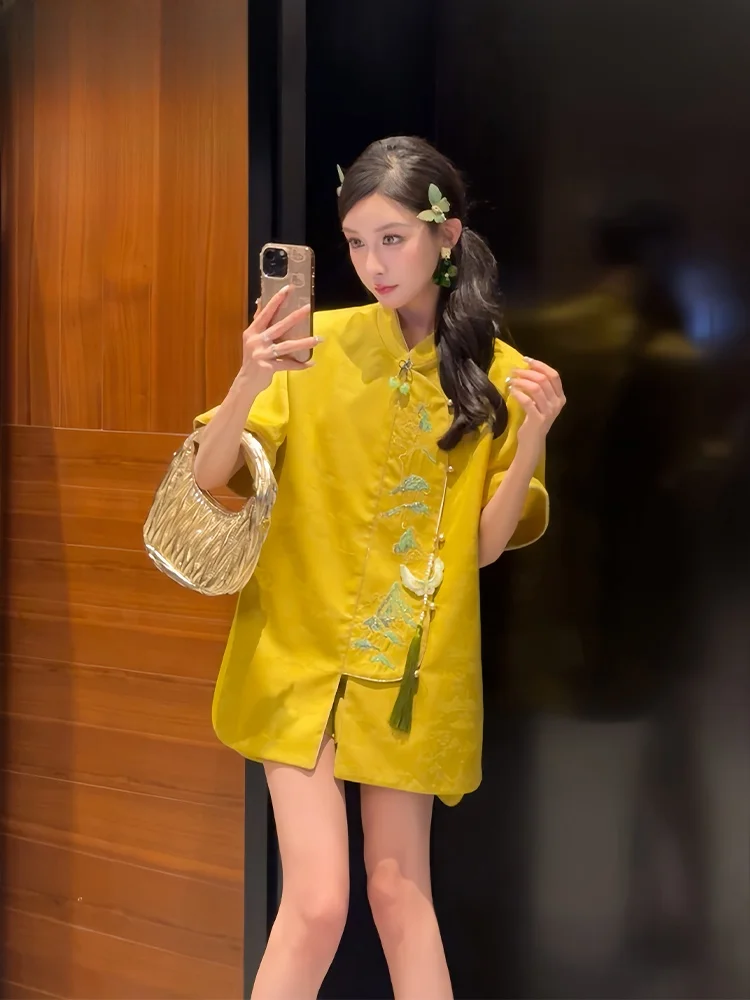 

PITAO Original New Chinese Sle Faion Summer irt orts Set ort Sve Ele Quali Women's Polyester Fiber Button up