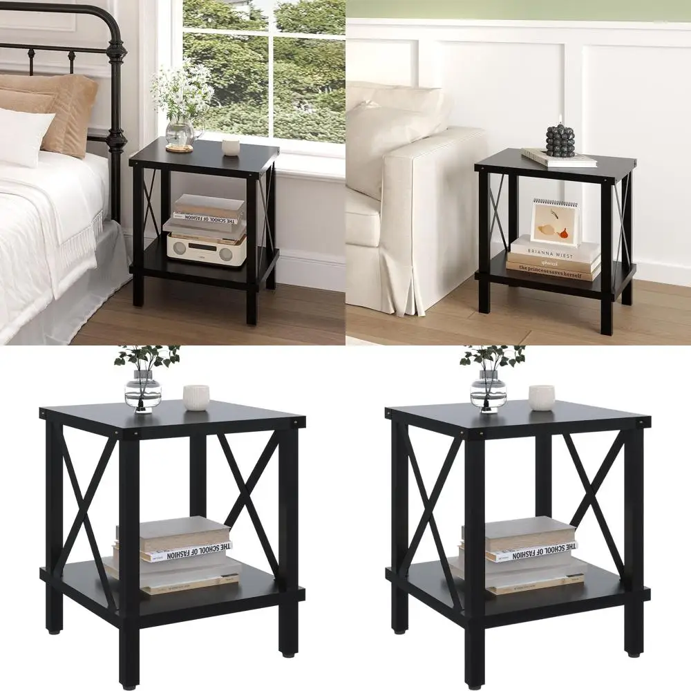 

Industrial Farmhouse Metal & Wood End Table with Storage Shelf for Living Room, Bedroom - Black MLBZ16B