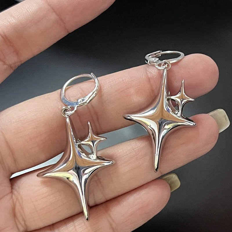 Simple Silver Color Star Earrings for Women Opal Stone Heart Hoop Earrings Punk Y2K Cute Daily Wear Jewelry Party Gifts