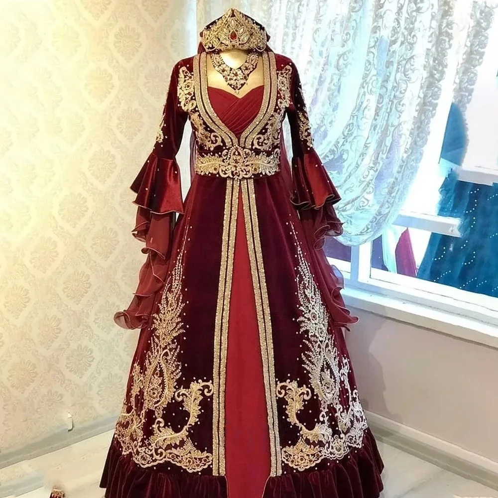 Burgunderroter marokkanischer Kaftan, muslimische Abendkleider mit langen Ärmeln, Applikationen, Perlen, Dubai, arabische Abaya, islamisches Kleid, maßgeschneidert