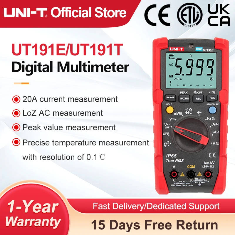 UNI-T Profesional Digital Multimeter Tester UT191T UT191E True RMS Auto Range DMM 20A Ammeter 600V Count 6000 DC AC Capacitor