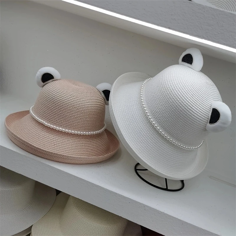 New pearl straw hat with cuffed bear ears children's summer beach hat cute and sweet sun protection hat