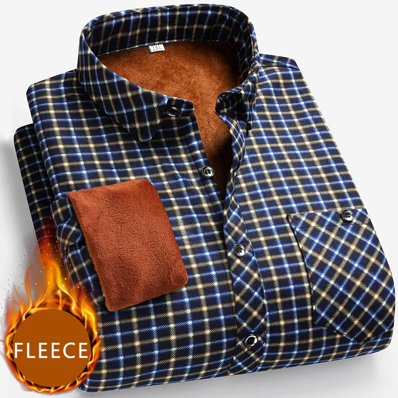 Men Autumn Winter Shirts Long Sleeve Fleece Lined Casual Plaid Shirt Pocket Men's Workwear
