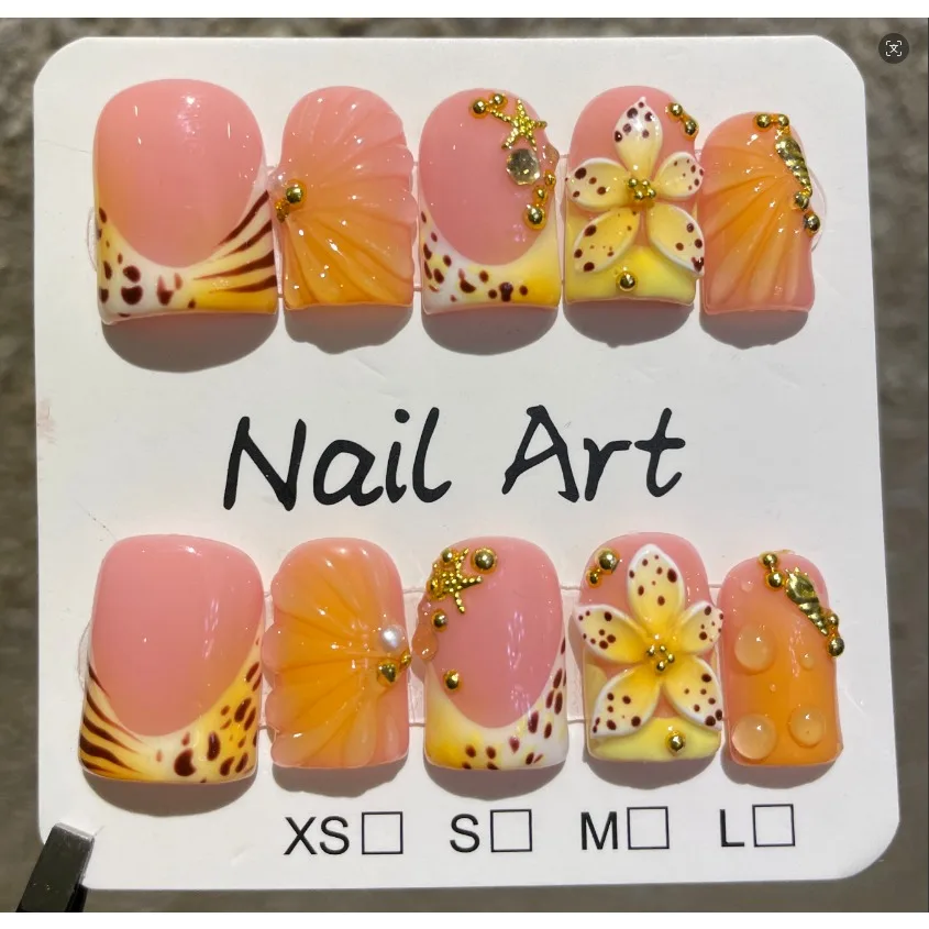 

10pcs Yellow Leopard Print French Handmade Press on Nails Short Square False Nails 3D Flower Fake Nail Summer Wearable Nail Art