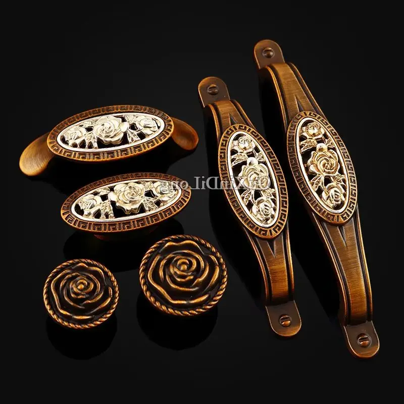 Retro 10PCS Zinc Alloy Carved Furniture Pulls Handles Drawer Knobs Cupboard Wardrobe Closet Kitchen Dresser Cabinet Door Pulls