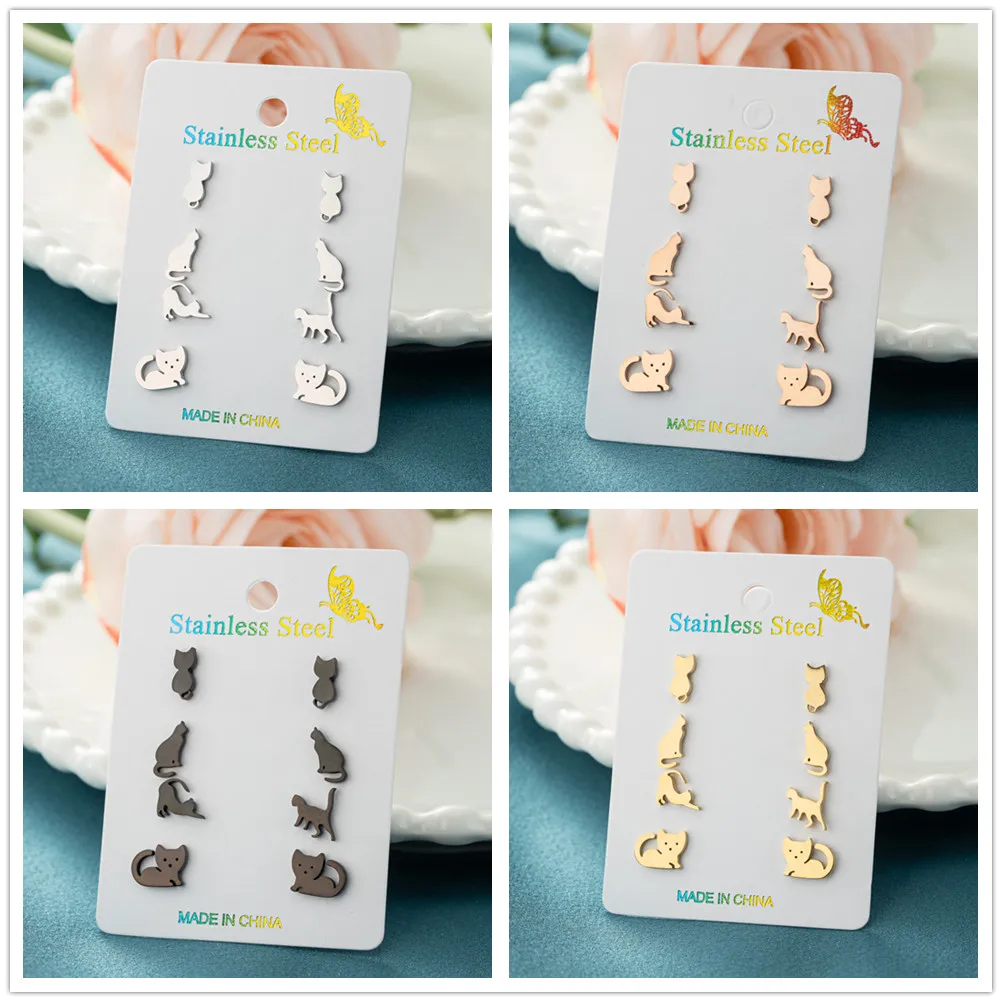 4pairs/lot الصغيرة الفولاذ المقاوم للصدأ القط الأقراط لطيف هريرة الحيوان أقراط كوريا نمط الفتيات الأذن مجوهرات اكسسوارات